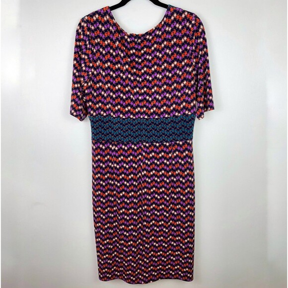 Jones New York Fit & Flare Quarter Sleeve Faux Wrap Patterned Dress Purple Sz 16 - Picture 4 of 10